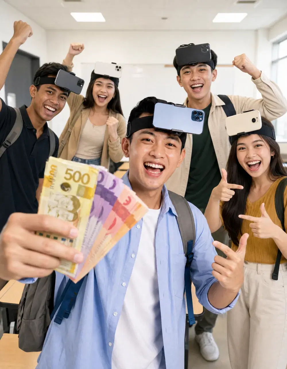 Group of student ambassadors wearing phone head mounts on campus