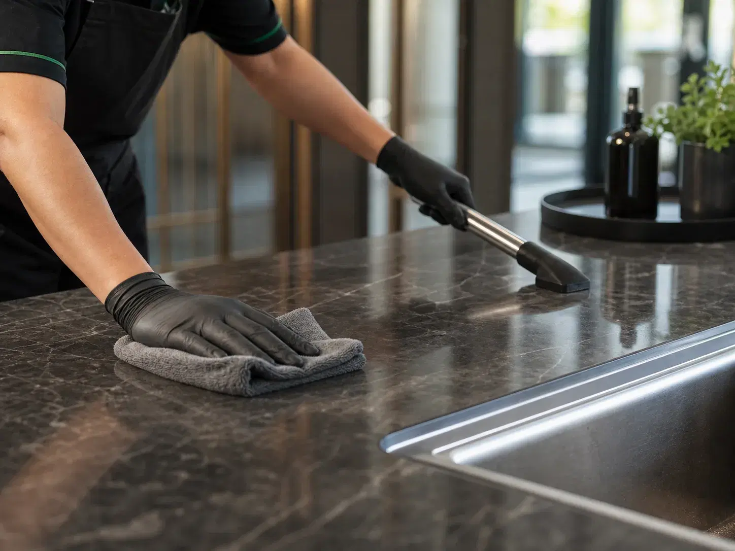 Commercial cleaner completing a structured surface-cleaning task