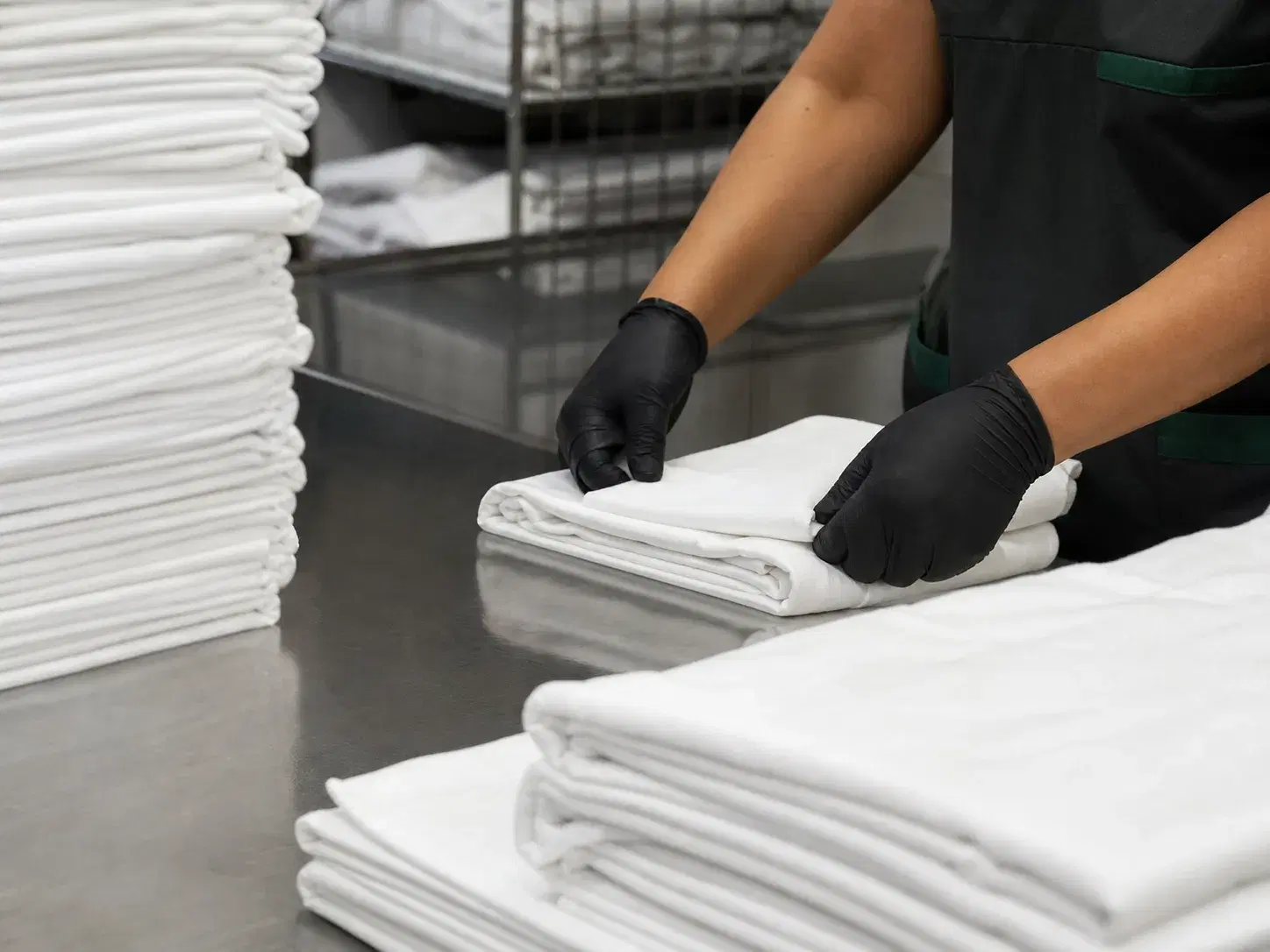 Commercial laundry operator folding clean linen during a structured physical task