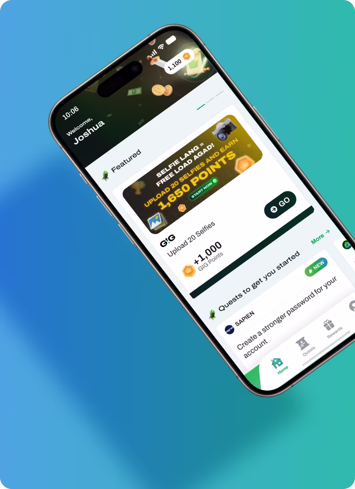 GIG mobile app UI showing a quest card