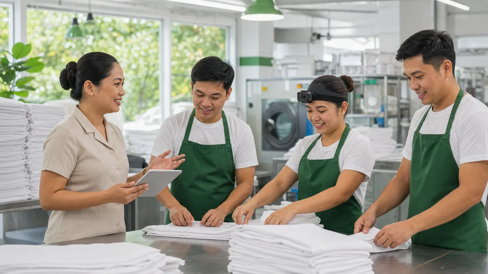 Filipino commercial laundry team collaborating during a head-mounted data collection session