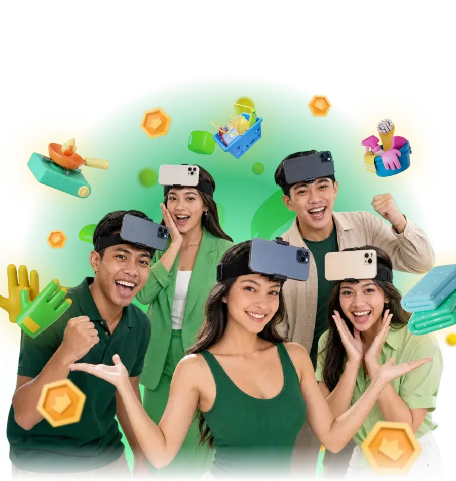 Filipino GIG Rewards members wearing phone head mounts for AI quests